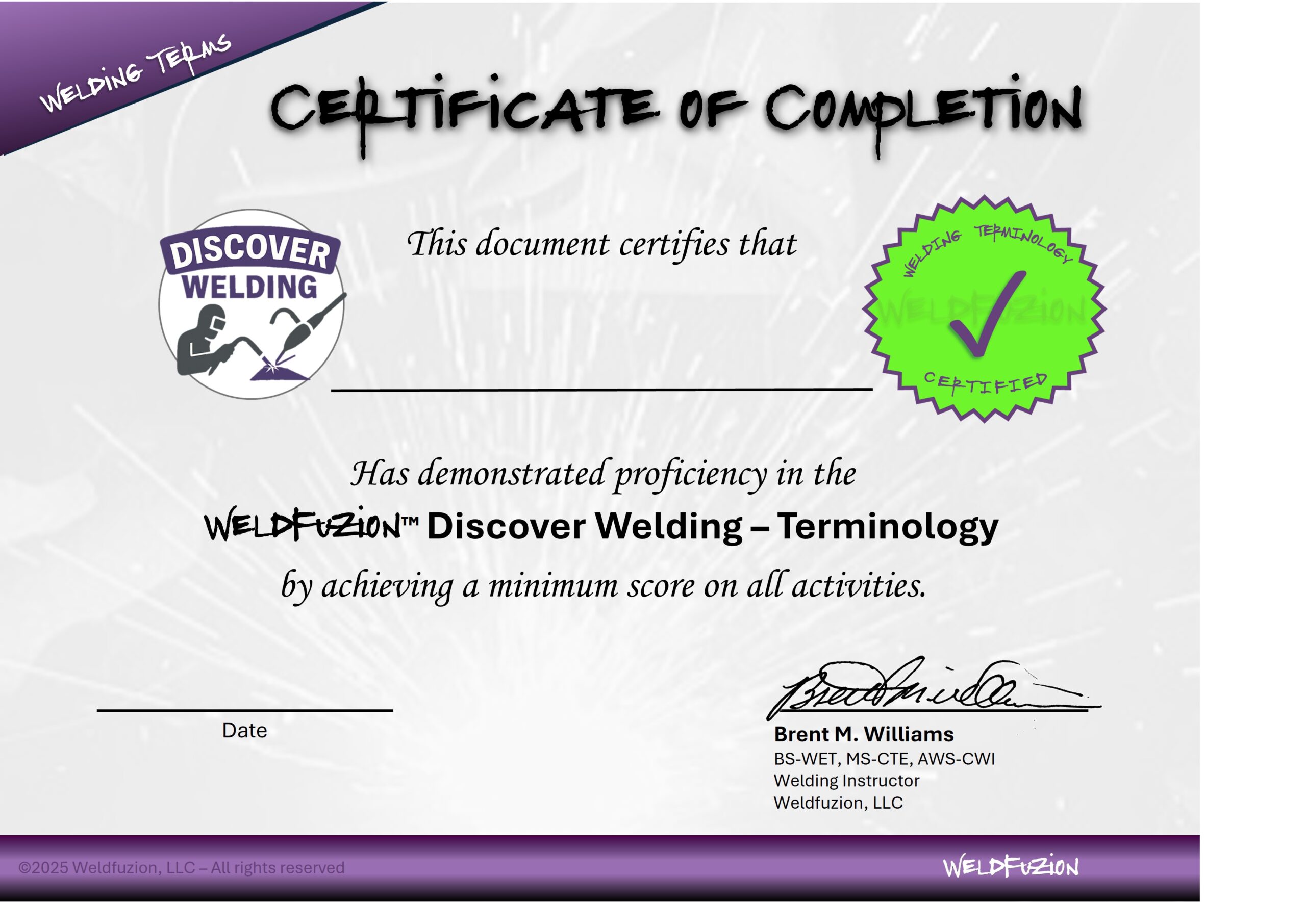 Discover Welding Terminology certificate